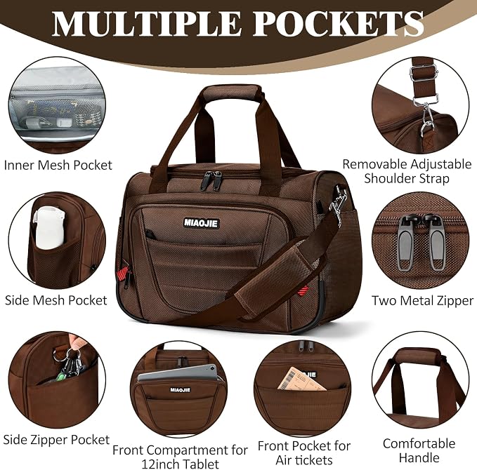 Underseat Carry On luggage Bag Airplanes Personal Item Bags, Gym Bag for Men Weekender Overnight Travel Tote Bag Shoulder Small Softside Carry on Luggage Travel Duffel Bags For Men Women -16 IN Brown - Image 3