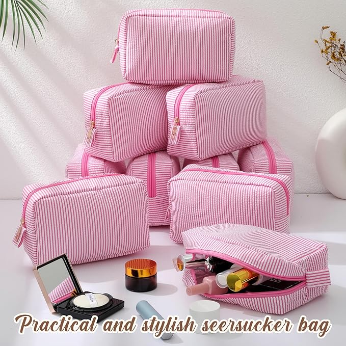 Sanwuta 10 Pcs Seersucker Cosmetic Bag Seersucker Makeup Bag Women Stripe Large Travel Toiletry Organizer Preppy Storage Pouch for Embroidery Wedding Bridesmaid Bride Mom (Pink) - Image 4