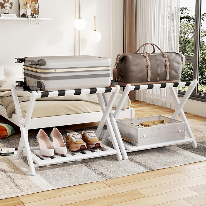 Luggage Rack for Guest Room - Set of 2 Full Assembled 26.77" L Luggage Rack Stand for Suitcases, Foldable Luggage Holder with Shoe Shelf for Bedroom, Hotel (White Bamboo Suitcase Stands) by OakvoraComfortableStyle