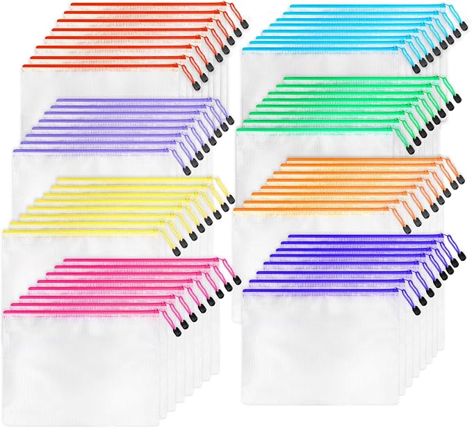 64pcs A4 Mesh Zipper Pouch Bags, Mesh Bags with Zipper Bulk, Pouches for Organization, Clear Storage Bags for Classroom, Travel, Office, Board Game by UMETDO