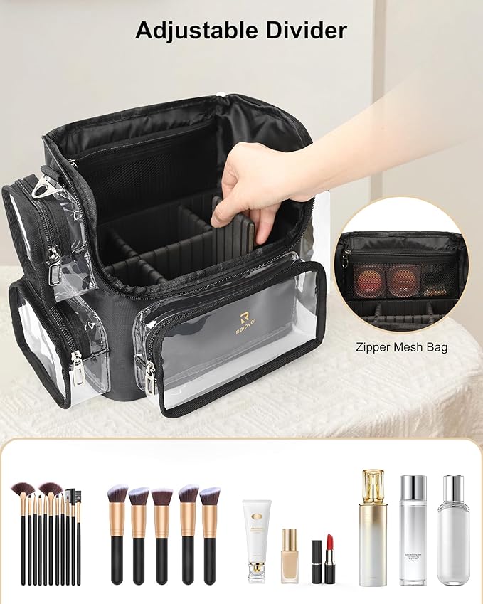 TANTO Makeup Brush Bag, Makeup Artist Bag Clear Makeup Case Professional Large Cosmetic Organizer Bag Portable Cosmetic Train Case with Adjustable Dividers & Shoulder Strap Easy to Clean - Image 4
