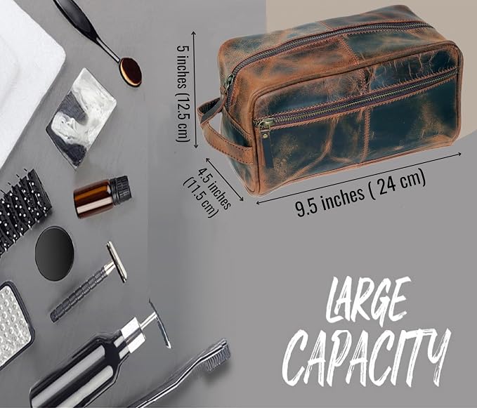 jaald Men's Genuine Brown Leather Toiletry Bag Shaving Bags And Grooming For Travel Groomsmen Gift Men Women Hanging Zippered Makeup Bathroom Cosmetic Pouch Case Make Up kit - Image 7