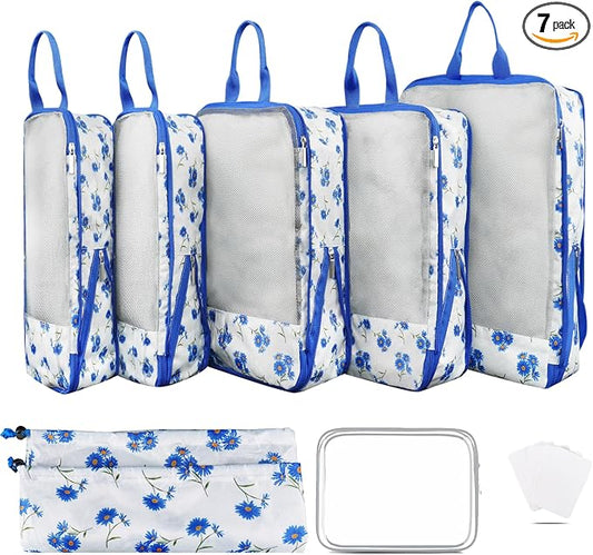 7 Pcs Compression Packing Cubes for Travel Luggage, Lightweight Suitcase Organizer Bags Set, Compression Packaging Cube for Travel Essentials, Packing Cubes for Carry on Suitcase by Xmzsdz