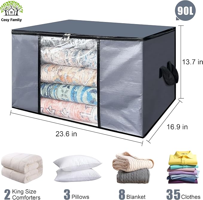 Cosy Family 6 Pack 90L Heavy Duty Extra Large Moving Bags with Reinforced Handle - Strong Handles & Zippers, Storage Totes For Space Saving, Fold Flat, Alternative to Moving Box, Grey - Image 2