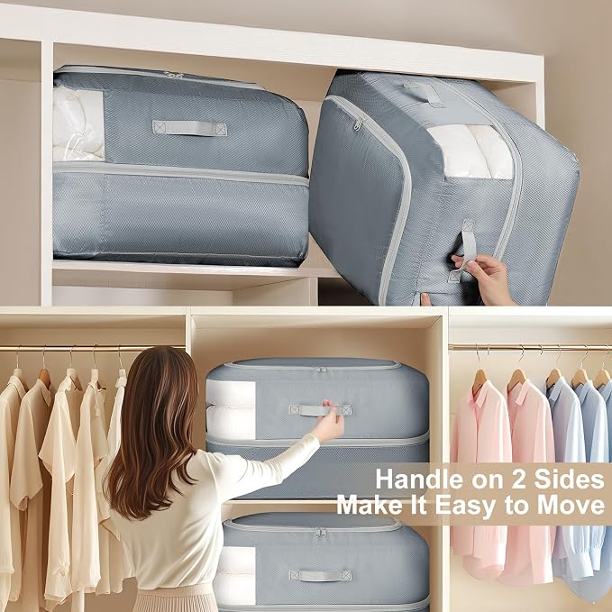 Comforter Storage Bag - 110L Large Capacity Blanket Storage Bags 2-Layer Ultra Space Saving Self Compression Organizer, Washable Compression Bags for Storage Comforter Blanket, 4-Pack, Grey - Image 5