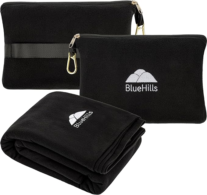 BlueHills Premium Soft Lightweight Travel Blanket Pillow 2 in 1 - Black | 2 in 1 Compact Travel Pillow, 70 X 56 Inches Long, Portable & Lightweight, Long Flight Comfort, Traveling Essential Accessory by BlueHills