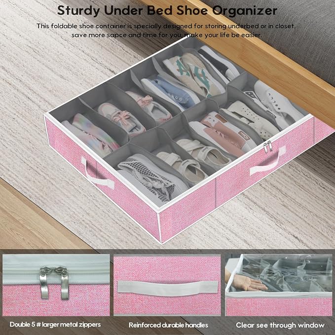 Onlyeasy Large Under Bed Shoe Organizer Container Box, Set of 2, Fit 16 to 32 Pairs of shoes, Underbed Shoes Closet Storage Solution, L37.7x W23.6x H5.9 inch, Cotton-like Pink, MXPUBS16P2 - Image 4