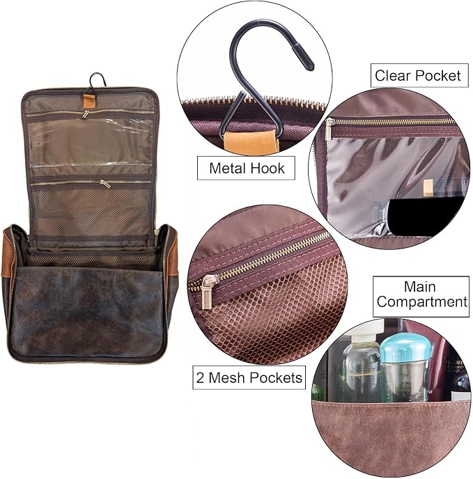 EURYNOME Hanging Toiletry Bag for Women and Men, Large PU Leather Toiletries Organizer, Water-resistant Bathroom Shaving Kit for Cosmetics, Makeup Case - Image 4