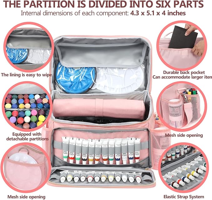 Acrylic Paint and Brush Set Organizer Bag - Carrying Case Compatible with Apple Barrel, Shuttle Art, Caliart Art Supplies - Includes Detachable Paint Brush Holder - for Home/Travel/Outdoor (Pro Pink) - Image 3