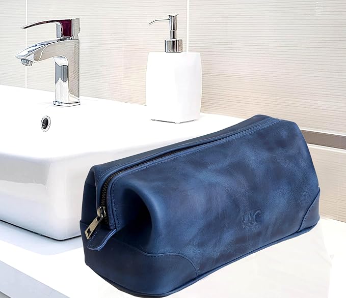 HLC Leather Toiletry Bag for Men - Best Gift for Men - Premium Genuine Leather Dopp Kit Shaving Kit Organizer Travel Kit Pouch Bag for Men - Large Size (blue) - Image 3