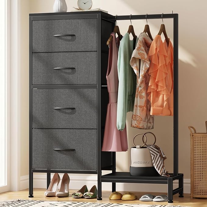 HIGDBFE Dresser with Hanging Rack, 4 Drawers Small Closet for Bedroom, Reversible Fabric Kids Chest of Drawers with Clothes Rack, Tall Storage Tower, Sturdy Frame, Grey, 44''H by HIGDBFE