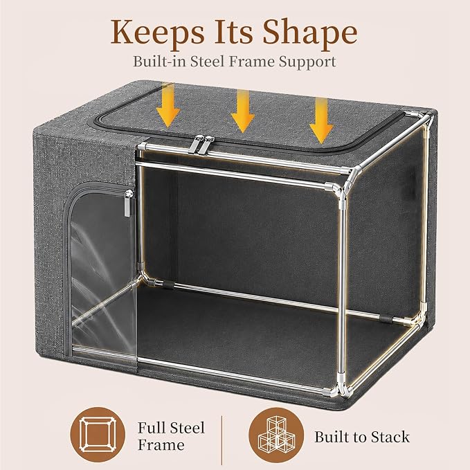 GoMaihe 3 Opening Clothes Storage Bins with Metal Frame, 66L Blanket Storage Organizer for Walk-in Closet Large Storage Boxes with Clear Window for Bedding Winter Clothing 3-Pack Grey - Image 4
