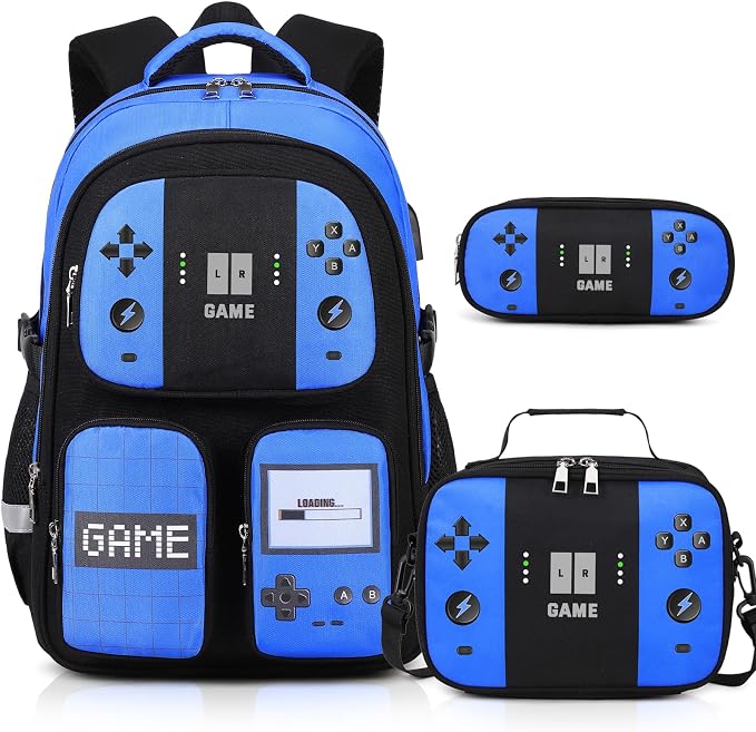 Jafeton Gamer Backpack for Boys, 3PCS Boys Backpack with Lunch Box & Pencil Pouch, Waterproof School Bags for Boy Kids Children Teens, Elementary Middle School, Kids Book Bag Casual Daypack (Blue) by Jafeton