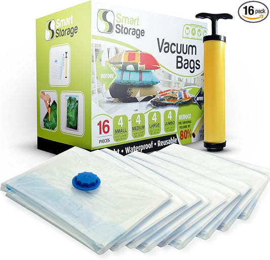 16 Pack Vacuum Storage Bags Space Saver Set with Hand Pump, 4 Jumbo 4 Large 4 Medium 4 Small Vacuum Seal Bags for Clothes Comforters Blankets Bedding Travel, Reduces Original Volume 80% by SmartStorage