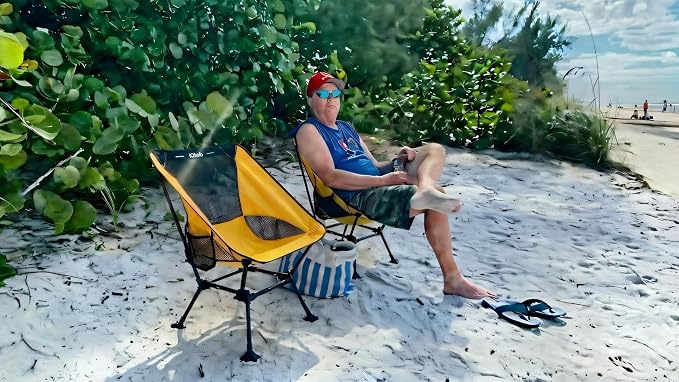 iClimb Ultralight Compact Camping Folding Beach Chair with Anti-Sinking Large Feet and Back Support Webbing (Yellow - Square Frame - 2PC) - Image 9