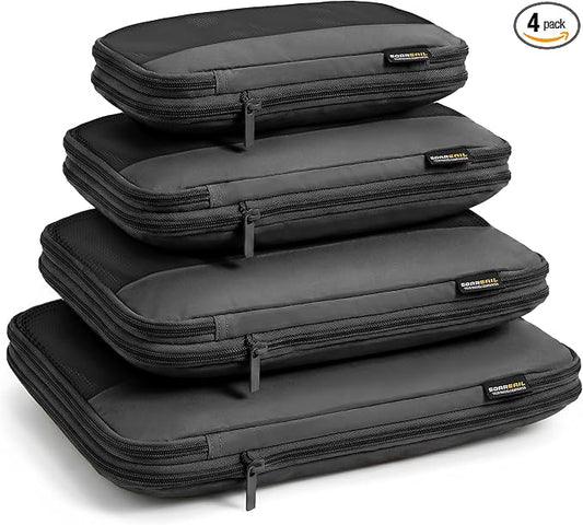 4 Piece Compression Packing Cubes for 3–7 Day Travel, Jet Black | Wrinkle-Resistant Memory Fabric, Breathable Mesh Panel, Double-Zipper, Small to Large Size Bag, Smart Organization by SOARSAIL