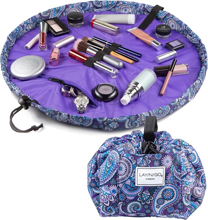 Lay-n-Go Cosmo Drawstring Cosmetic & Makeup Bag Organizer - Portable Drawstring Makeup Bag w/Zipper Pocket, Makeup Loops & More - Durable, Machine Washable Toiletry Bag (20", Purple Paisley) by Lay-n-Go