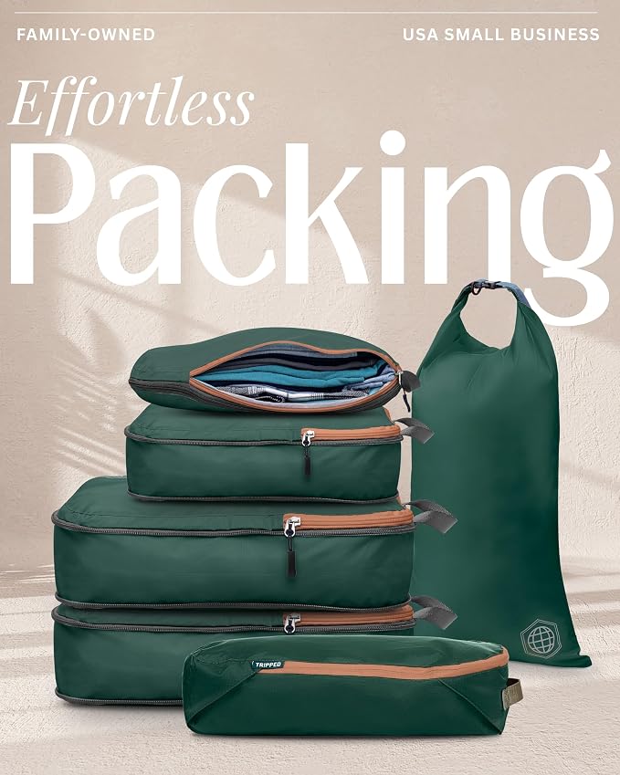 Compression Packing Cubes for Travel, 6-Piece Lightweight Packing Cubes Set for Carry-On Luggage & Backpacks – TRIPPED Travel Gear (Green and Brown) - Image 7