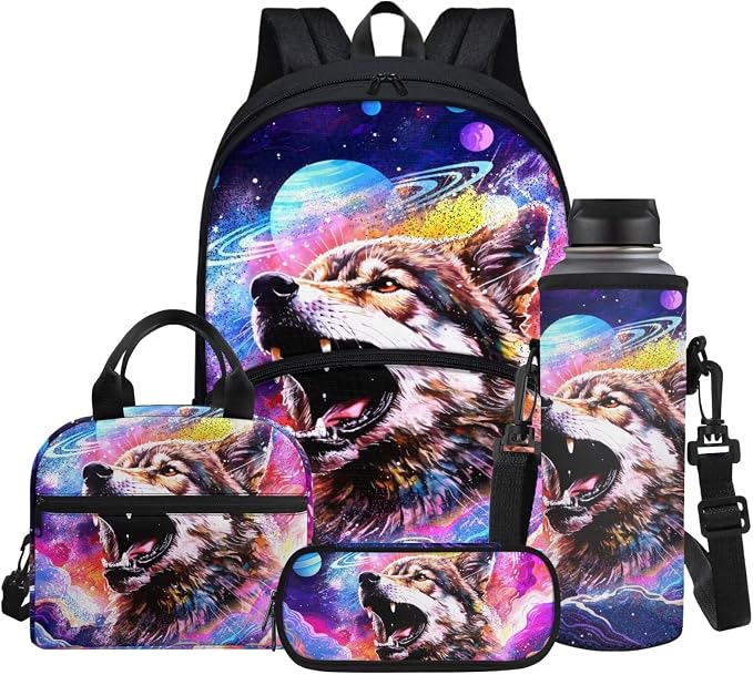 Kids School Bags Galaxy Wolf Pattern 17 Inch Backpack Set 4 in 1, with Pencil Pen Case/Water Bottle Sleeve/Insulated Thermal Cooler Lunch Box by Glomenade