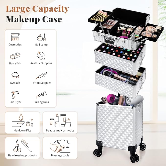 AROUS Rolling Makeup Train Case 4 in 1 Cosmetology Case on Wheels Large Storage Cosmetic Trolley with Key Salon Barber Case Traveling Cart Trunk, Silver - Image 4