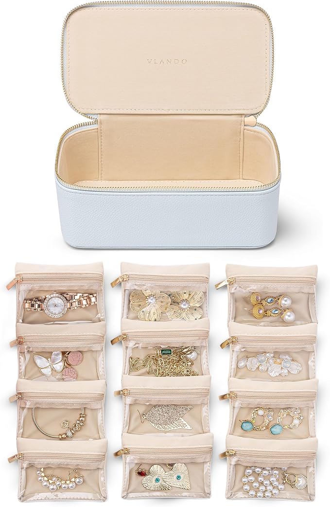 VLANDO Jewelry Travel Case,Travel Jewelry Organizer with Clear Velvet Jewelry Bags 12Pcs Zipper Pouch for Women Girls-Baby Blue by VLANDO
