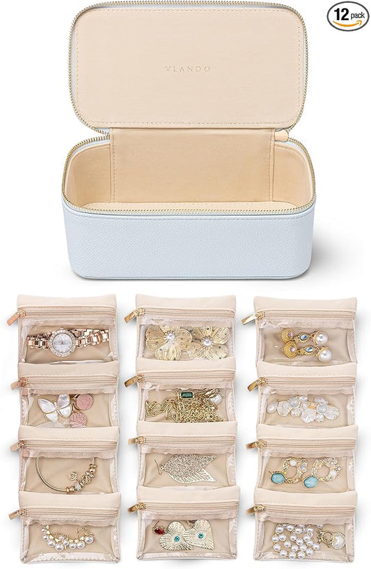VLANDO Travel Jewelry Case Organizer,Small Jewelry Box with 12 Velvet Jewelry Storage Pockets,Christmas Gift Ideas for Bride Friends Women Girls-Baby Blue by VLANDO