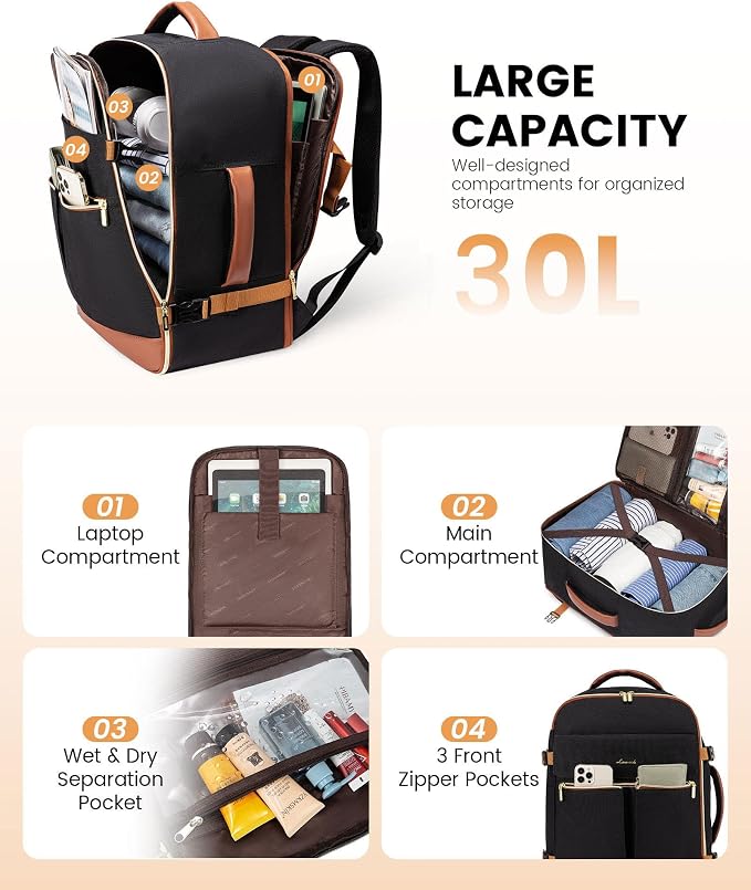 LOVEVOOK Carry On Backpack, 30L Travel Backpack Women with 3 Packing Cubes, TSA Airline Approved Suitcase Bag as Personal Item, Waterproof 15.6 inch Laptop Backpack for Weekender Overnight,Black-Brown - Image 3