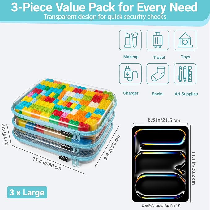 YQBRAO 3-Pack Large Clear Hard Shell Zipper Case, 1.2mm Rigid Toy & Cosmetic Bags, Heavy-Duty Diaper Bag Pouch Set with YKK Zippers, Waterproof Travel & Makeup Storage (Blue) - Image 4
