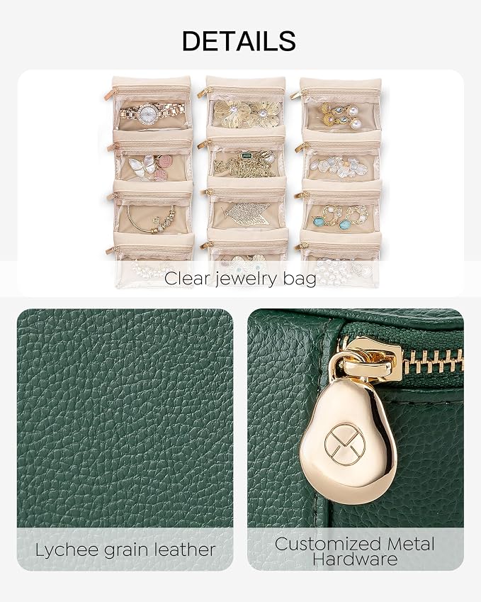 VLANDO Jewelry Travel Case,Travel Jewelry Organizer with Clear Velvet Jewelry Bags Zipper Pouch for Women Girl Gift-Green 12Pcs - Image 6