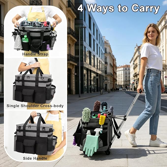 Large Rolling Cleaning Caddy with Wheels, Cleaning Supplies Organizer with Detachable Trolley, Water-resistant Cleaner Cart for Housekeepers, Multi Pocket Cleaning Cart with Strap, Gray - Image 8