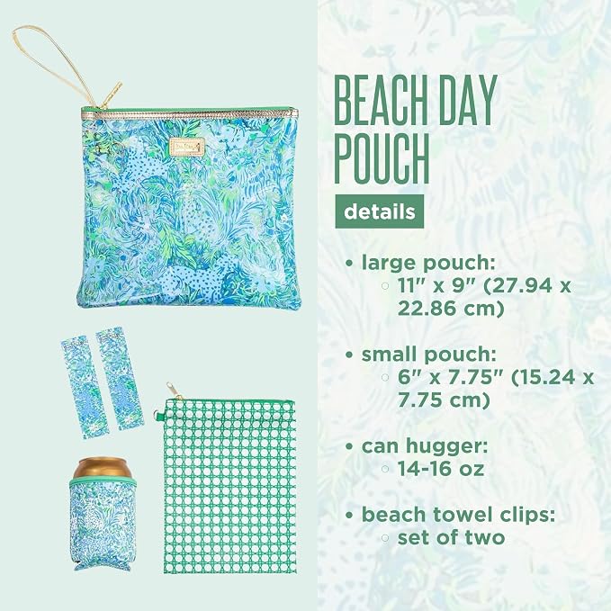 Lilly Pulitzer Water Resistant Vinyl Beach Day Pouch, Zipper Bag Includes Drink Hugger, Small Pouch, and Towel Clips - Image 3