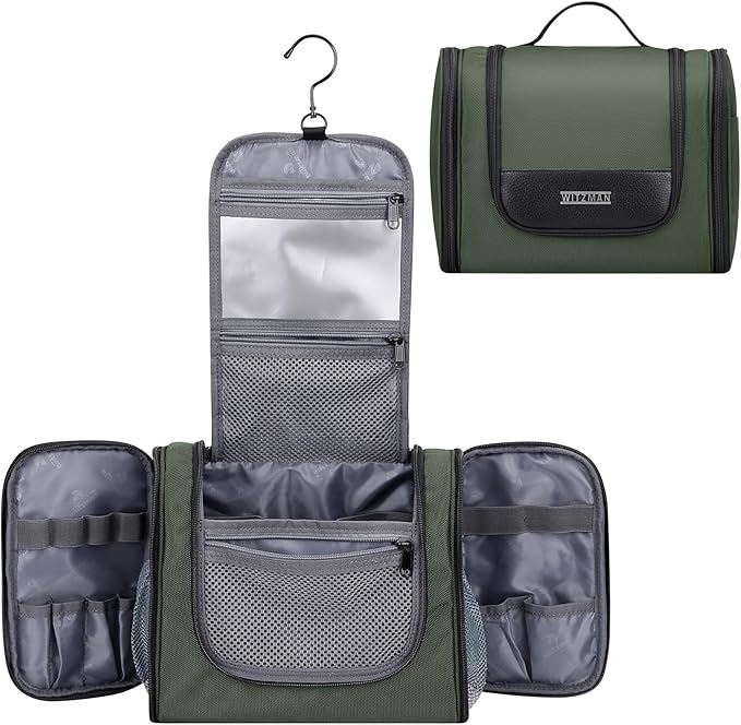 WITZMAN Toiletry Bag for Men Nylon Hanging Water-resistant Shaving Dopp Kit | With Dry-wet Separation Pocket, Multi-pockets for Organized Storage, Lightweight, For Travel, Bathroom, B690 Army Green by WITZMAN