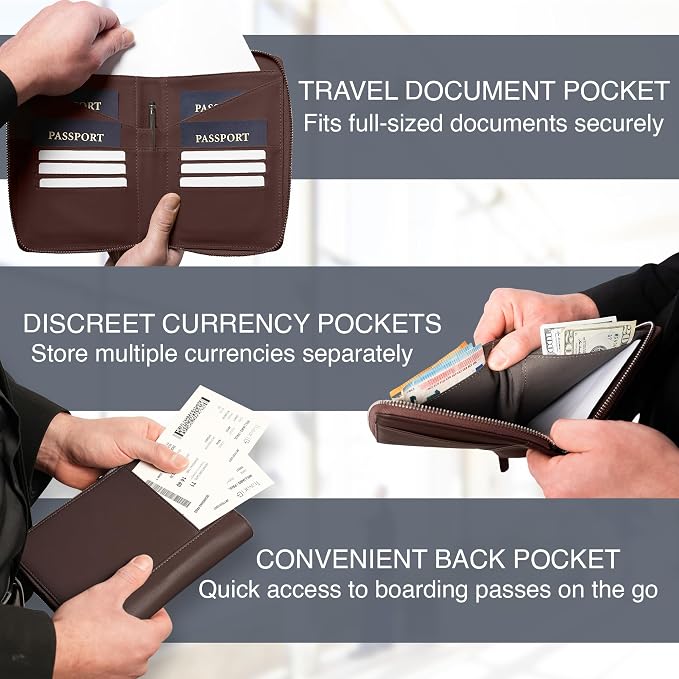 Full Grain Leather Family Passport Holder for 4 Passports - RFID Passport Holder and Travel Document Organizer - Large Leather Travel Wallet for Families - Brown - Image 4