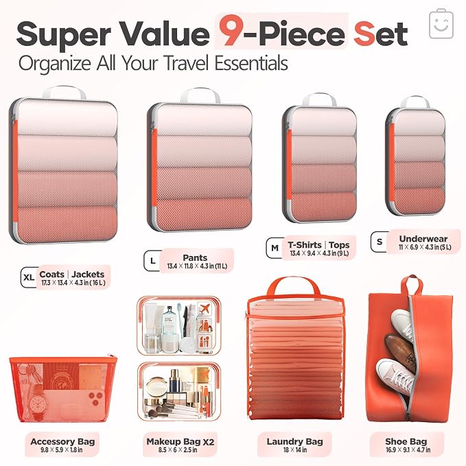 Veken 9/11 Set Compression Packing Cubes for Travel Essentials,Compressible Expandable Luggage Suitcase Organizer Bags with Garment Bag,Space Saver Bags with Over 1000 pcs of Mesh Holes(Orange) - Image 2