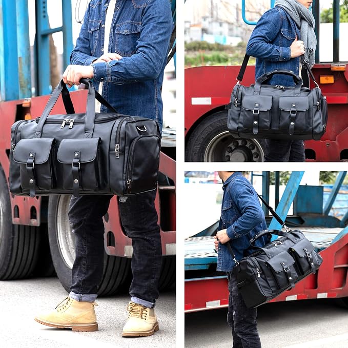 Zeroway Travel Duffel Bag with Shoe Pouch, PU leather Carry on Bag Weekender Overnight Bag for Men Women Black - Image 7