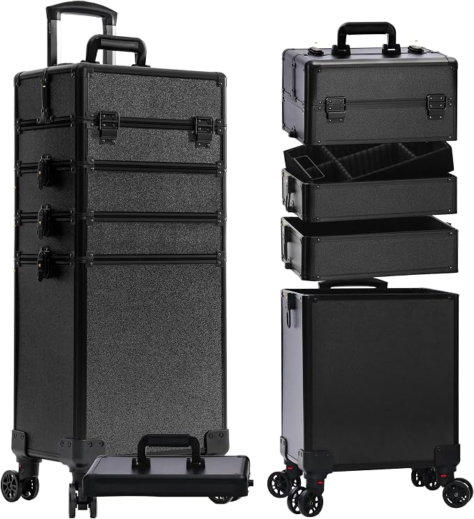 Rolling Makeup Train Case with Lid Cosmetology Case on Wheels | 5 in 1 Large Cosmetic Trolley Organizer Travel for Hairstylist Artist Nail Beauty Salon Barber Cart Trunk, Black by Unknown