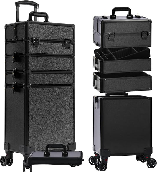 Rolling Makeup Train Case with Lid Cosmetology Case on Wheels | 5 in 1 Large Cosmetic Trolley Organizer Travel for Hairstylist Artist Nail Beauty Salon Barber Cart Trunk, Black by Unknown