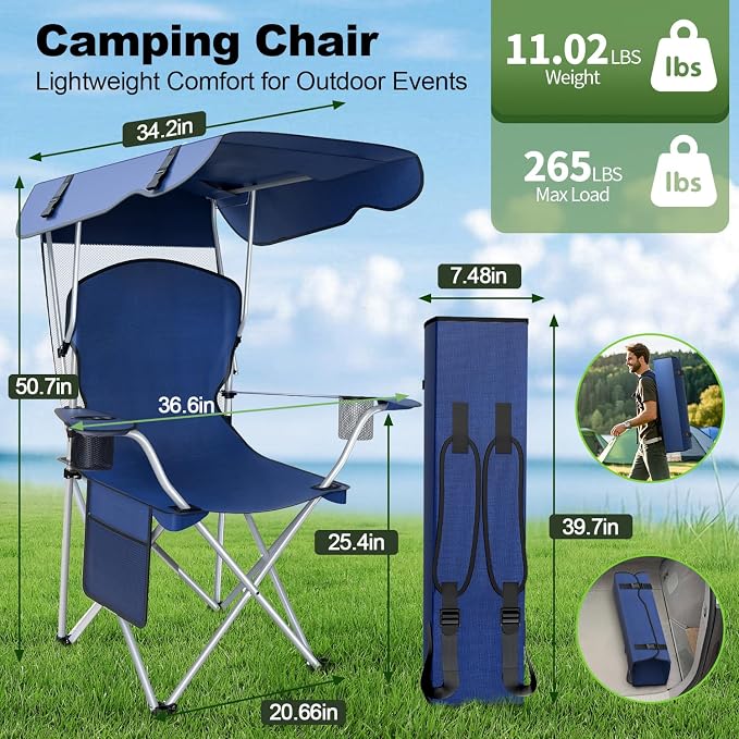 VTOY Portable Camping Chair with Canopy - Folding Chair with Canopy, Durable 600D Oxford Canopy Chair for Camping, Beach, Picnics, Fishing & Sports - Image 9