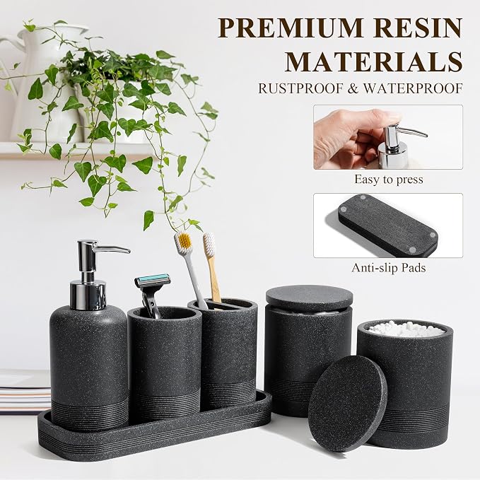 Bathroom Accessories Set, 6-Piece Bathroom Accessory Set, Toothbrush Holders Set, Soap Dispenser, Vanity Tray, Tumbler, Cotton Swab Jars, Bathroom Organizer for Modern Bathrooms(Black) - Image 5