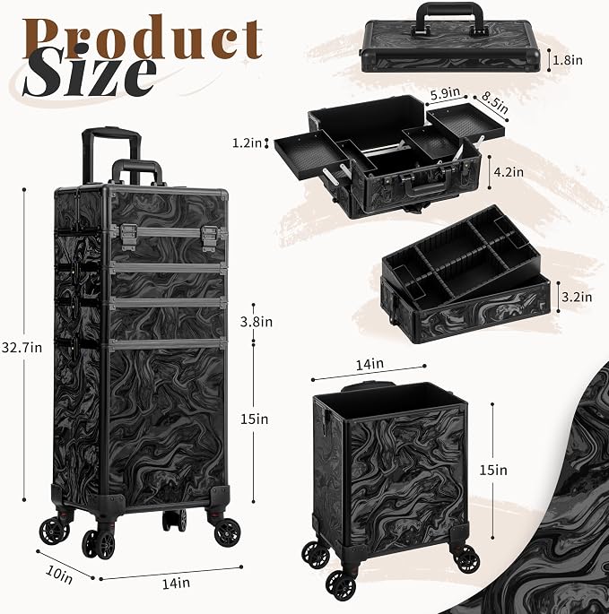 Rolling Makeup Train Case with Lid Cosmetology Case on Wheels | 5 in 1 Large Cosmetic Trolley Organizer Travel for Hairstylist Artist Nail Beauty Salon Barber Cart Trunk, Black Ink - Image 3