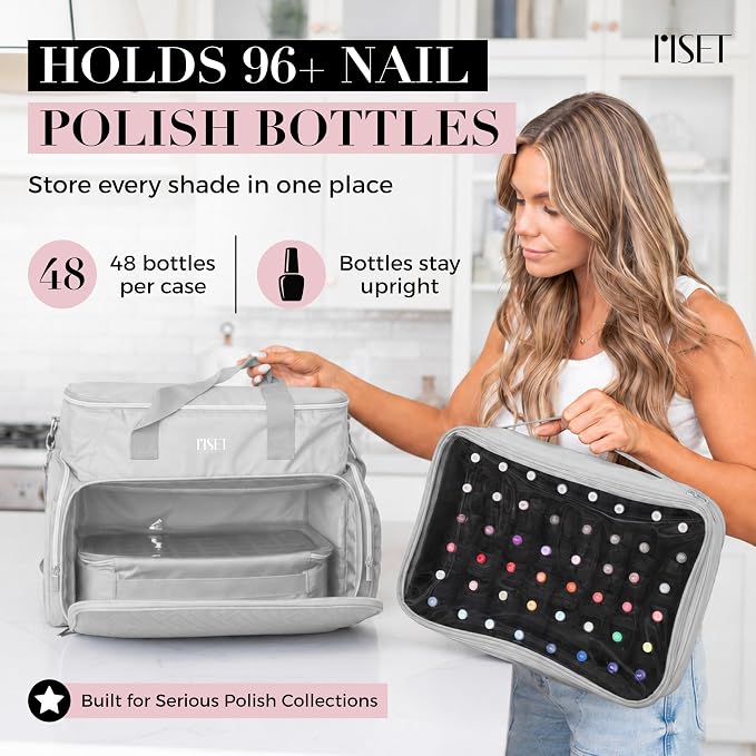 Nail Polish Organizer Case - Structured Spill-Proof Travel Bag with Reinforced Stitching, Strong Zippers, Removable Dividers - Extra Large Manicurist Storage Box in Luxury Gift-Ready Packaging - Gray - Image 3