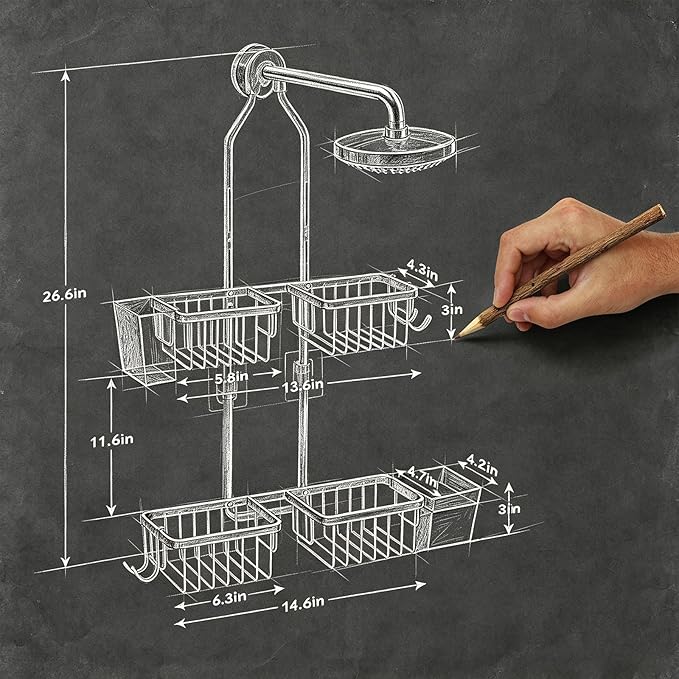 Adjustable Hanging Shower Caddy for Handheld Showerhead, Rustproof Aluminum Over Shower Head Organizer, Renter-Friendly No-Swing Storage for Tall Bottles & Soap, 2-Tier, Gold - Image 2