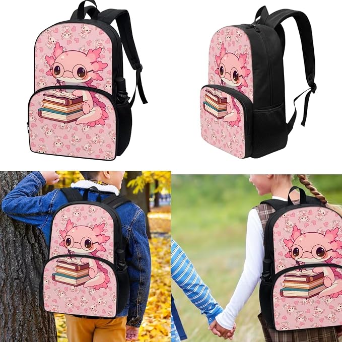 Axolotl Book Backpack for Kids, Girls Cute Backpack School Bookbags with Insulated Lunch Box Pencil Case 3 in 1, Lightweight Backpack for Travel - Image 2