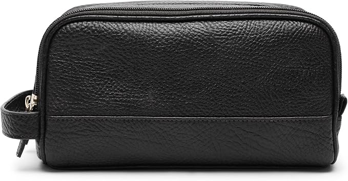 Leatherology Premium Ebony Leather Toiletry Bag – Small Double Zip Dopp Kit – Full Grain Leather Travel Organizer with Water-Resistant Lining – Compact Grooming Bag for Men or Women by Leatherology
