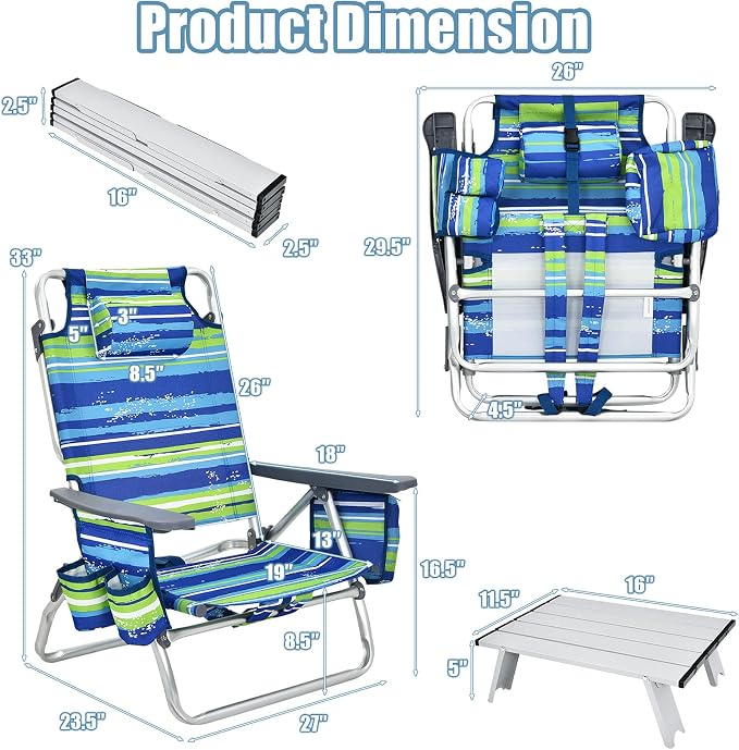 Giantex Folding Beach Chair, Patio Sling Chairs with 5 Adjustable Position, Head Pillow, Storage Bag, Towel Bar, Cup Holders, Backpack Chairs for Sunbathing, Camping Chair - Image 3