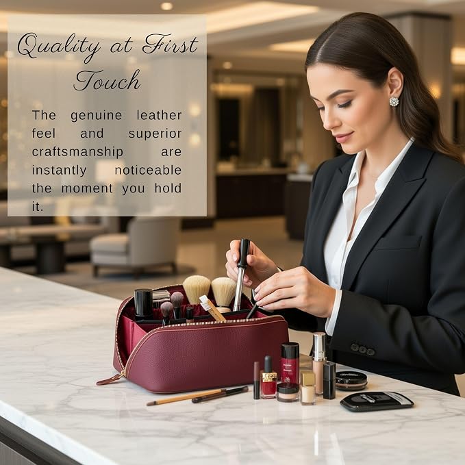 VENOULT Makeup Bag, Spacious Cosmetic Case for Women, Portable 180° Wide-Open Flat Cosmetic Bag, Travel Toiletry Organizer with Handle, Hanmdade, Full Grain Genuine Turkish Leather (Maroon) - Image 7