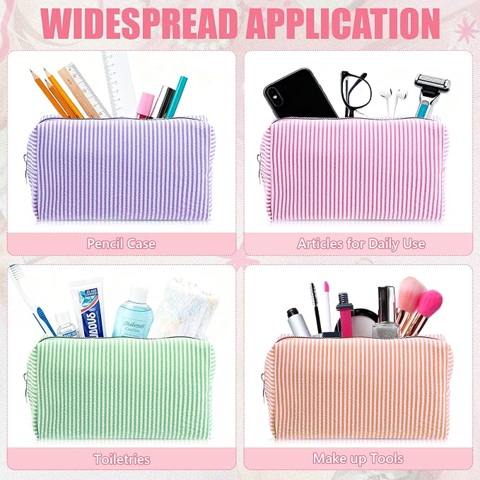 Giesiery 8 Pcs Seersucker Makeup Bags Striped Cosmetic Bags Bulk Organizer for Women Preppy Travel Toiletry Pouch for Wedding Bridesmaid Gifts (Mixed Color, Medium) - Image 6