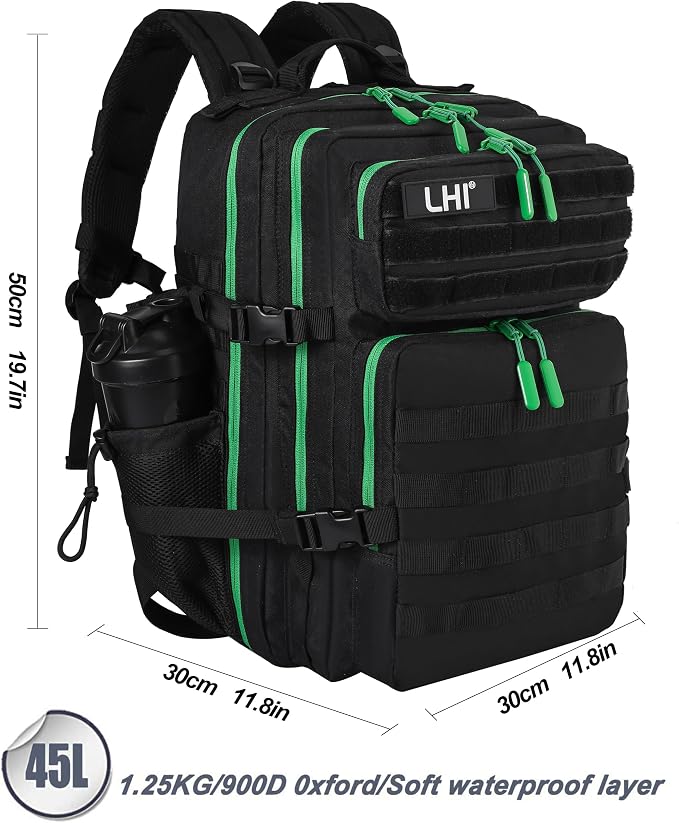 LHI Military Tactical Backpack for Men and Women 45L Army 3 Days Assault Pack Bag Large Rucksack with Molle System - Black with green zipper - Image 3