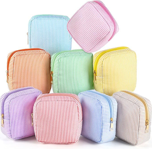 Sanwuta Seersucker Cosmetic Bag Bulk Striped Makeup Bag for Women Aesthetic Cute Travel Toiletry Organizer Preppy Storage Pouch for Wedding Bridesmaid Mother's Day Teacher Gift(Small,Candy Color,9) by Sanwuta