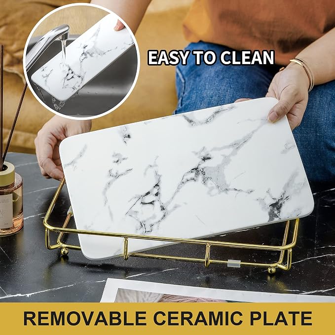 Dobbyby Vanity Tray Makeup Organizer Cosmetics Storage Bathroom Skincare Organizer Countertop Display Rack in Dresser Stainless Steel Shelf Marble Print Ceramic Trays - Image 6